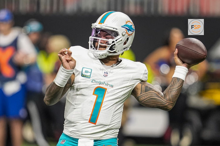 Oct 26, 2025; Atlanta, Georgia, USA; Miami Dolphins quarterback Tua Tagovailoa (1) passes against the Atlanta Falcons during the second half at Mercedes-Benz Stadium. Credit: Dale Zanine-Imagn Images