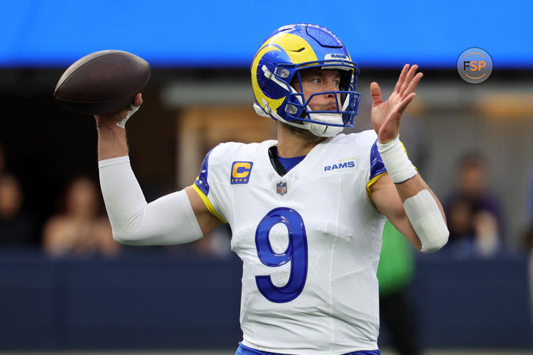 INGLEWOOD, CA - DECEMBER 03: Los Angeles Rams quarterback Matthew Stafford (9) throws a pass during NFL game against the Cleveland Browns on December 3, 2023, at SoFi Stadium, Inglewood, California. (Photo by Kiyoshi Mio/Icon Sportswire)