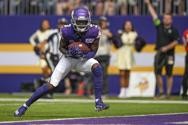 MINNEAPOLIS, MN - SEPTEMBER 10: Minnesota Vikings wide receiver Jordan Addison (3) catches a 39-yard pass for a touchdown during the second quarter of an NFL game between the Minnesota Vikings and Tampa Bay Buccaneers  on September 10, 2023, at U.S. Bank Stadium in Minneapolis, MN. (Photo by Nick Wosika/Icon Sportswire)