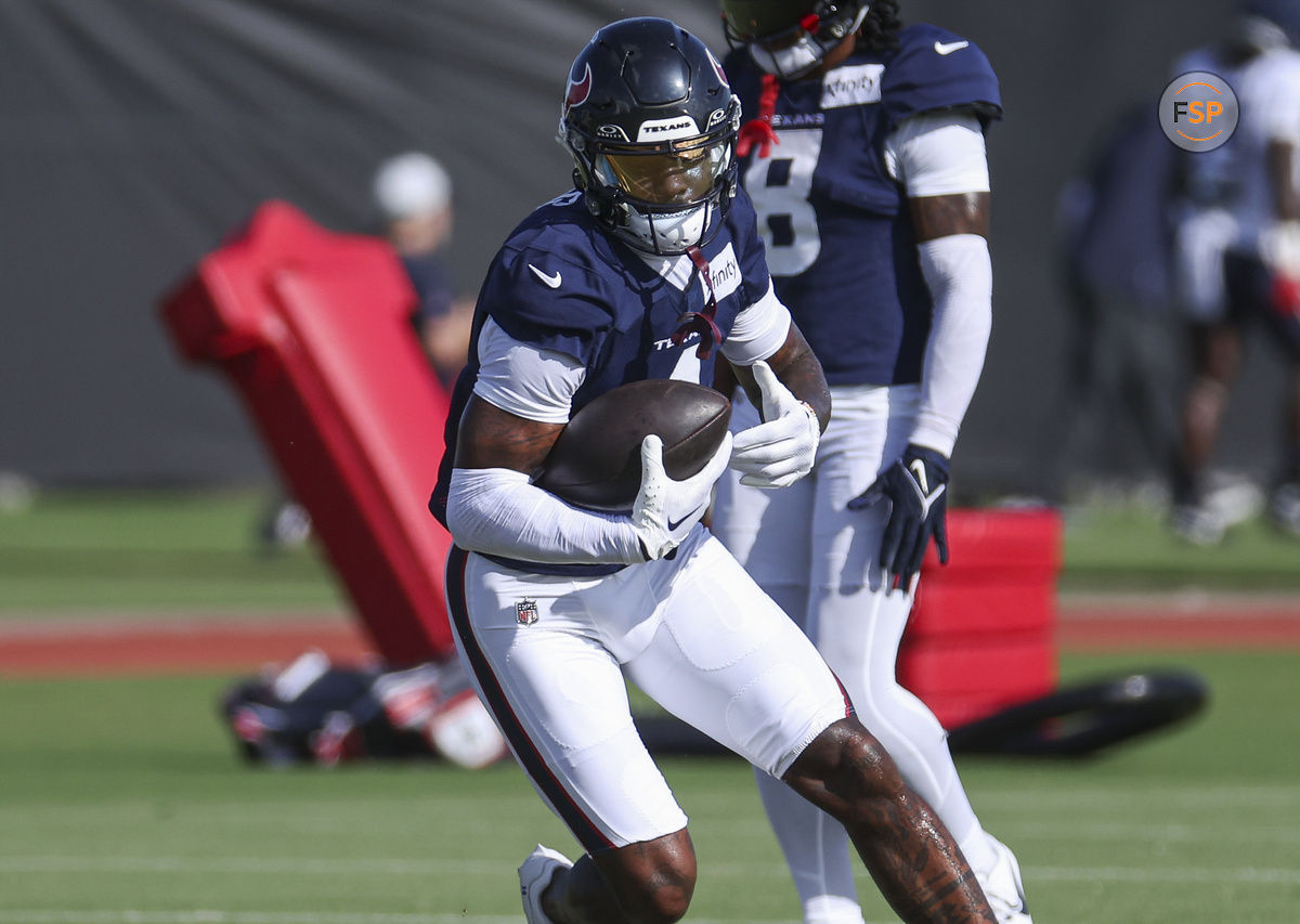 Jul 29, 2024; Houston, TX, USA; Houston Texans wide receiver Stefon Diggs (1) during training camp at Houston Methodist Training Center. Credit: Troy Taormina-USA TODAY Sports