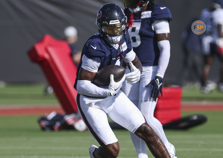 Jul 29, 2024; Houston, TX, USA; Houston Texans wide receiver Stefon Diggs (1) during training camp at Houston Methodist Training Center. Credit: Troy Taormina-USA TODAY Sports