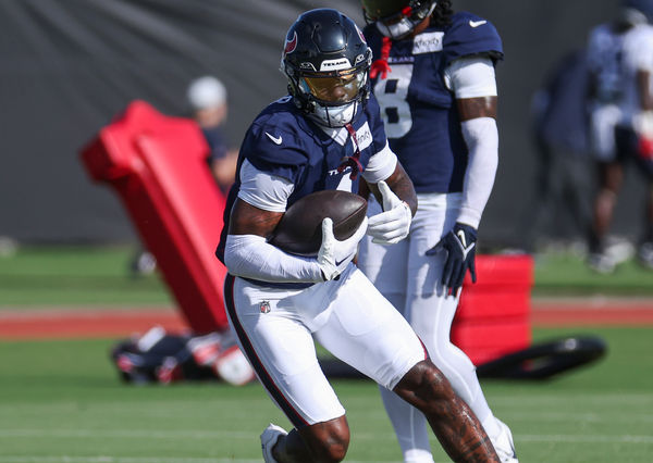 Jul 29, 2024; Houston, TX, USA; Houston Texans wide receiver Stefon Diggs (1) during training camp at Houston Methodist Training Center. Mandatory Credit: Troy Taormina-USA TODAY Sports