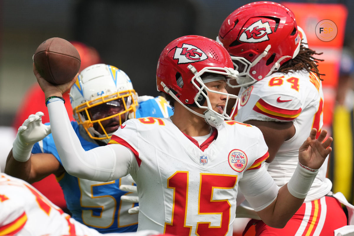 Sep 29, 2024; Inglewood, California, USA; Kansas City Chiefs quarterback Patrick Mahomes (15) throws the ball in the first quarter against the Los Angeles Chargers at SoFi Stadium. Credit: Kirby Lee-Imagn Images