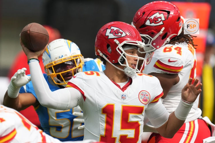 Sep 29, 2024; Inglewood, California, USA; Kansas City Chiefs quarterback Patrick Mahomes (15) throws the ball in the first quarter against the Los Angeles Chargers at SoFi Stadium. Credit: Kirby Lee-Imagn Images