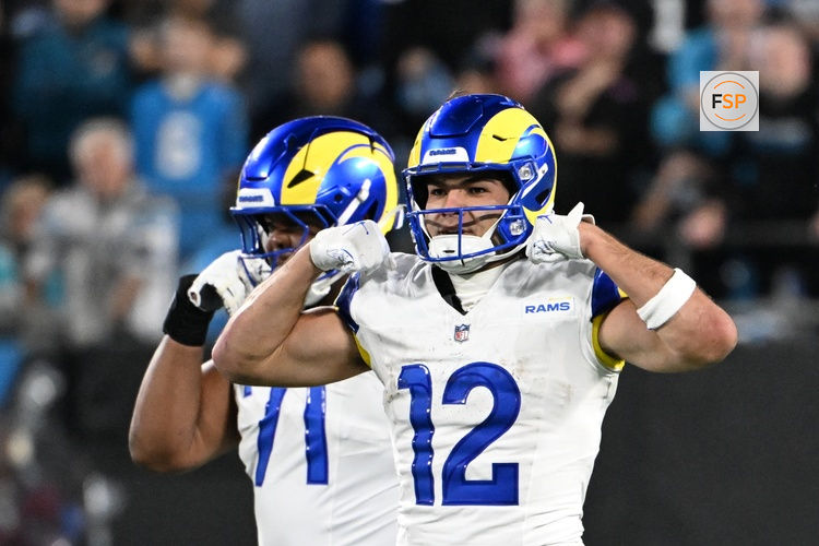 Jan 10, 2026; Charlotte, NC, USA; Los Angeles Rams wide receiver Puka Nacua (12) react in the fourth quarter in an NFC Wild Card Round game at Bank of America Stadium. Credit: Bob Donnan-Imagn Images