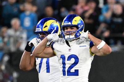 Jan 10, 2026; Charlotte, NC, USA; Los Angeles Rams wide receiver Puka Nacua (12) react in the fourth quarter in an NFC Wild Card Round game at Bank of America Stadium. Mandatory Credit: Bob Donnan-Imagn Images