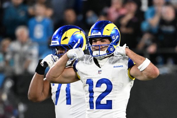 Jan 10, 2026; Charlotte, NC, USA; Los Angeles Rams wide receiver Puka Nacua (12) react in the fourth quarter in an NFC Wild Card Round game at Bank of America Stadium. Mandatory Credit: Bob Donnan-Imagn Images