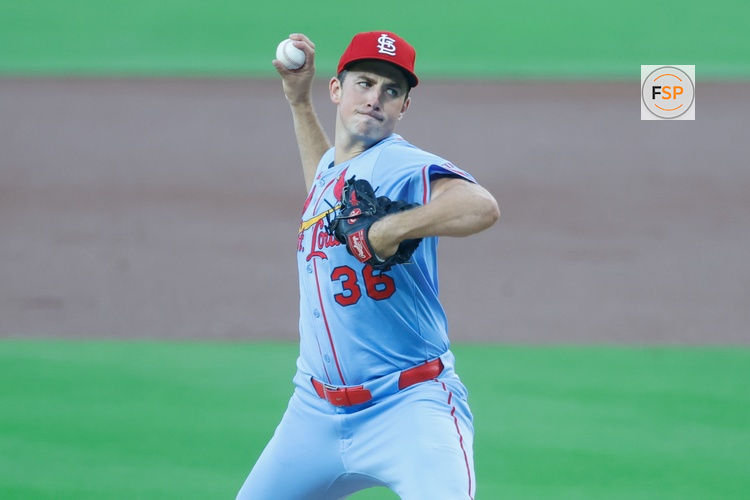 Aug 2, 2025; San Diego, California, USA; St. Louis Cardinals starting pitcher Michael McGreevy (36) throws a pitch during the first inning against the San Diego Padres at Petco Park. Credit: David Frerker-Imagn Images