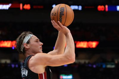 Oct 23, 2026; Miami, Florida, USA; Miami Heat guard Pelle Larsson (9) shoots the basketball against the Detroit Pistons during the second quarter at Kaseya Center. Mandatory Credit: Sam Navarro-Imagn Images