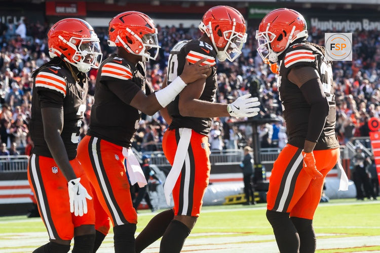 Oct 27, 2024; Cleveland, Ohio, USA; Cleveland Browns wide receiver Cedric Tillman (19) celebrates with wide receiver Jerry Jeudy (3) and quarterback Jameis Winston (5) and running back D'Onta Foreman (27) after catching a touchdown pass during the second half against the Baltimore Ravens at Huntington Bank Field. Credit: Ken Blaze-Imagn Images