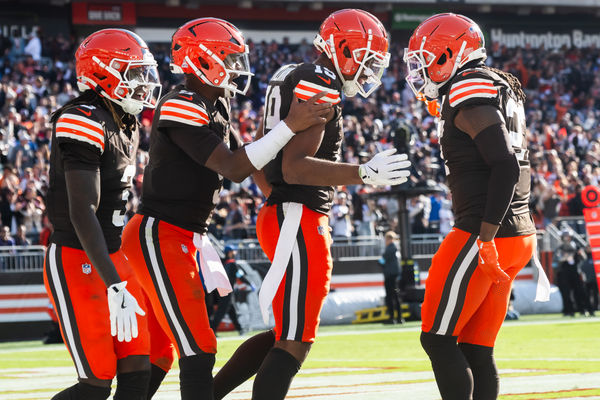 Oct 27, 2024; Cleveland, Ohio, USA; Cleveland Browns wide receiver Cedric Tillman (19) celebrates with wide receiver Jerry Jeudy (3) and quarterback Jameis Winston (5) and running back D'Onta Foreman (27) after catching a touchdown pass during the second half against the Baltimore Ravens at Huntington Bank Field. Mandatory Credit: Ken Blaze-Imagn Images