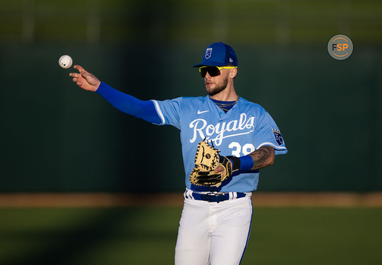 Mar 4, 2023; Surprise, Arizona, USA; Kansas City Royals designated hitter Carter Jensen against the Los Angeles Dodgers during a spring training game at Surprise Stadium. Credit: Mark J. Rebilas-USA TODAY Sports