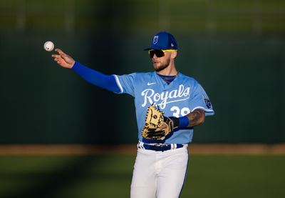 Mar 4, 2023; Surprise, Arizona, USA; Kansas City Royals designated hitter Carter Jensen against the Los Angeles Dodgers during a spring training game at Surprise Stadium. Mandatory Credit: Mark J. Rebilas-USA TODAY Sports