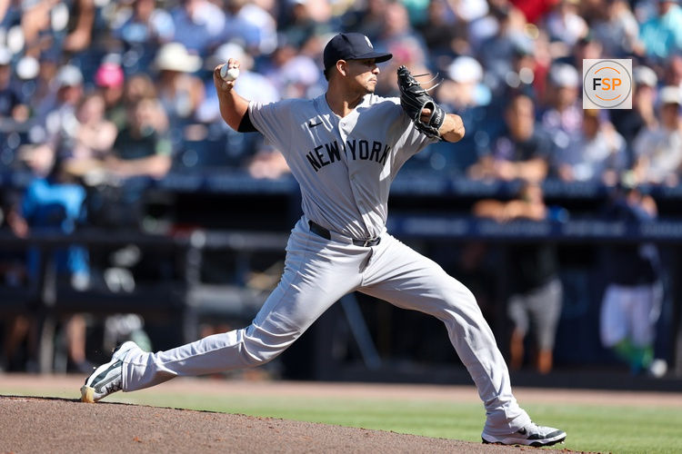 Apr 19, 2025; Tampa, Florida, USA; New York Yankees starting pitcher Carlos Carrasco (59) throws a pitch against the Tampa Bay Rays in the first inning at George M. Steinbrenner Field. Credit: Nathan Ray Seebeck-Imagn Images