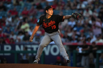 May 9, 2025; Anaheim, California, USA; Baltimore Orioles starting pitcher Tomoyuki Sugano (19) throws in the first inning against the Los Angeles Angels at Angel Stadium. Mandatory Credit: Kirby Lee-Imagn Images
