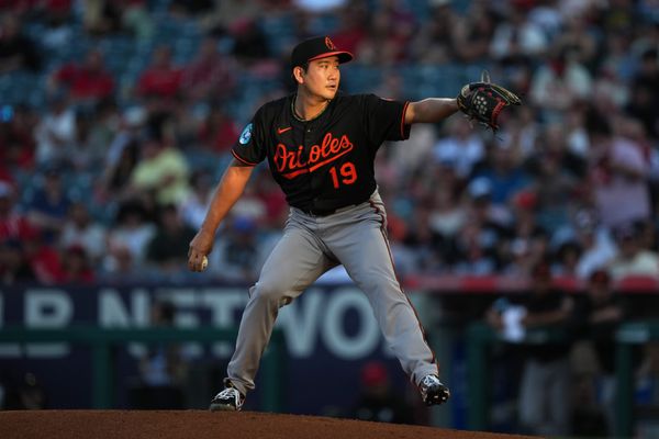 May 9, 2025; Anaheim, California, USA; Baltimore Orioles starting pitcher Tomoyuki Sugano (19) throws in the first inning against the Los Angeles Angels at Angel Stadium. Mandatory Credit: Kirby Lee-Imagn Images