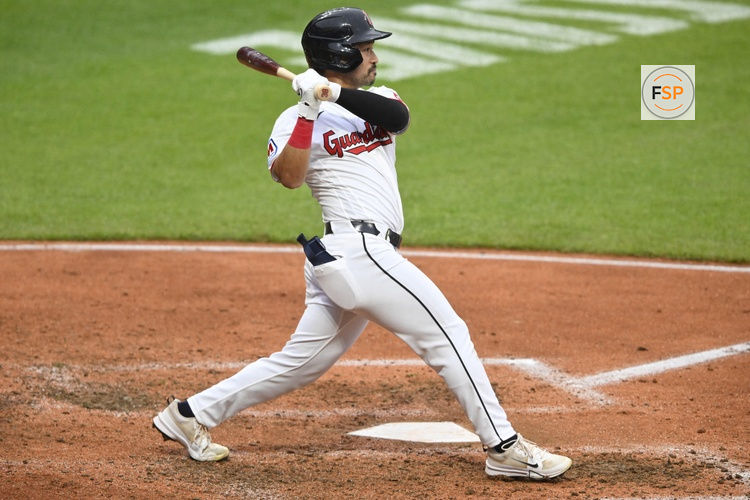 May 26, 2026; Cleveland, Ohio, USA; Cleveland Guardians left fielder Steven Kwan (38) singles in the fifth inning against the Washington Nationals at Progressive Field. Credit: David Richard-Imagn Images