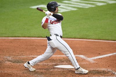 May 26, 2026; Cleveland, Ohio, USA; Cleveland Guardians left fielder Steven Kwan (38) singles in the fifth inning against the Washington Nationals at Progressive Field. Mandatory Credit: David Richard-Imagn Images