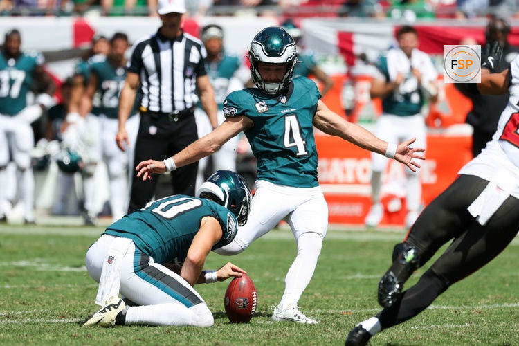 Sep 28, 2025; Tampa, Florida, USA; Philadelphia Eagles kicker Jake Elliott (4) kicks the ball during the second quarter against the Tampa Bay Buccaneers at Raymond James Stadium. Credit: Kim Klement Neitzel-Imagn Images