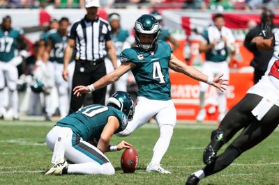 Sep 28, 2025; Tampa, Florida, USA; Philadelphia Eagles kicker Jake Elliott (4) kicks the ball during the second quarter against the Tampa Bay Buccaneers at Raymond James Stadium. Mandatory Credit: Kim Klement Neitzel-Imagn Images