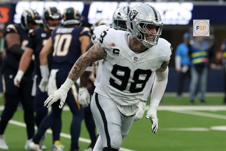 Nov 30, 2025; Inglewood, California, USA; Las Vegas Raiders defensive end Maxx Crosby (98) reacts after a tackle against the Los Angeles Chargers during the second half at SoFi Stadium. Credit: Kiyoshi Mio-Imagn Images