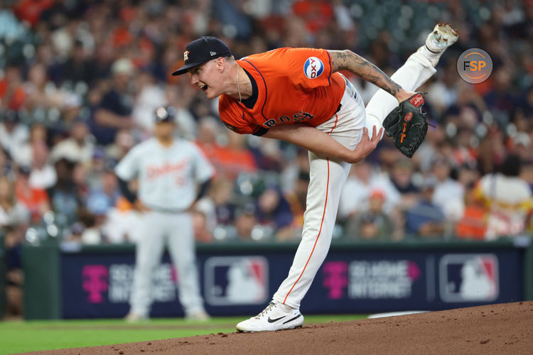 Oct 2, 2024; Houston, Texas, USA; Houston Astros pitcher Hunter Brown (58) throws against the Detroit Tigers during the first inning of game two of the Wildcard round for the 2024 MLB Playoffs at Minute Maid Park. Credit: Thomas Shea-Imagn Images