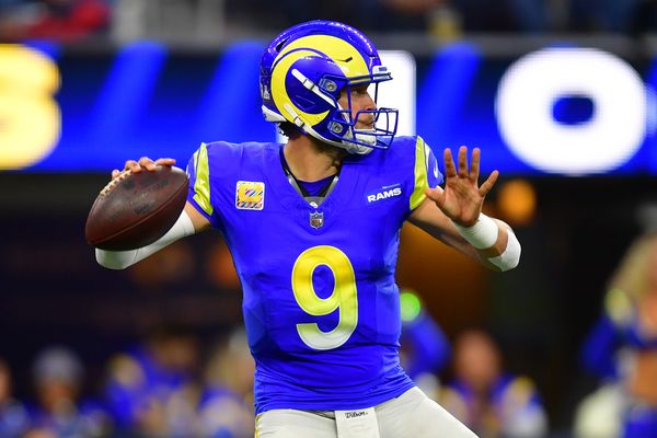 Oct 2, 2025; Inglewood, California, USA; Los Angeles Rams quarterback Matthew Stafford (9) drops back to pass against the San Francisco 49ers during the first half at SoFi Stadium. Mandatory Credit: Gary A. Vasquez-Imagn Images