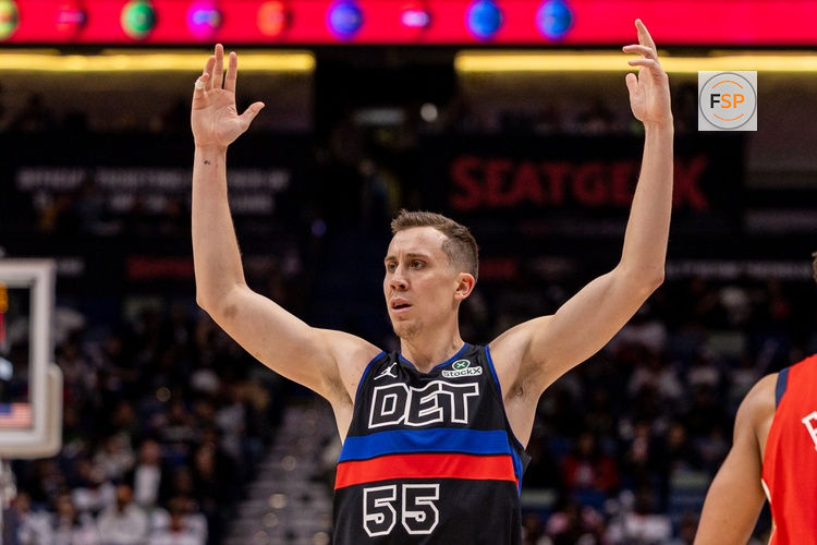 Detroit Pistons forward Duncan Robinson (55) reacts to a play against the New Orleans Pelicans during the second half at Smoothie King Center. Credit: Stephen Lew-Imagn Images