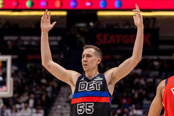 Detroit Pistons forward Duncan Robinson (55) reacts to a play against the New Orleans Pelicans during the second half at Smoothie King Center. Mandatory Credit: Stephen Lew-Imagn Images