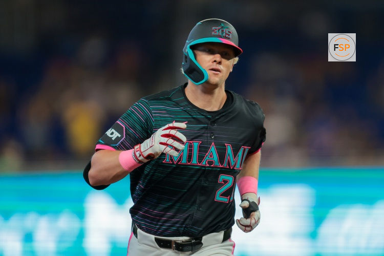 Jul 5, 2025; Miami, Florida, USA; Miami Marlins left fielder Kyle Stowers (28) circles the bases after hitting a solo home run against the Milwaukee Brewers during the second inning at loanDepot Park. Credit: Sam Navarro-Imagn Images
