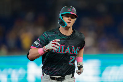 Jul 5, 2025; Miami, Florida, USA; Miami Marlins left fielder Kyle Stowers (28) circles the bases after hitting a solo home run against the Milwaukee Brewers during the second inning at loanDepot Park. Mandatory Credit: Sam Navarro-Imagn Images