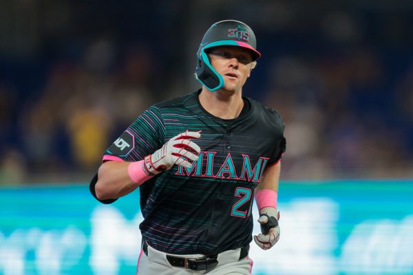 Jul 5, 2025; Miami, Florida, USA; Miami Marlins left fielder Kyle Stowers (28) circles the bases after hitting a solo home run against the Milwaukee Brewers during the second inning at loanDepot Park. Mandatory Credit: Sam Navarro-Imagn Images