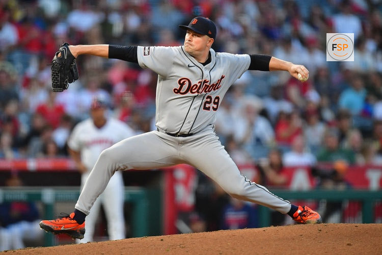 Jul 18, 2026; Anaheim, California, USA; Detroit Tigers pitcher Tarik Skubal (29) throws against the Los Angeles Angels during the third inning at Angel Stadium. Credit: Gary A. Vasquez-Imagn Images