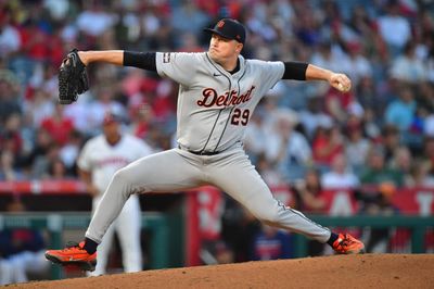 Jul 18, 2026; Anaheim, California, USA; Detroit Tigers pitcher Tarik Skubal (29) throws against the Los Angeles Angels during the third inning at Angel Stadium. Mandatory Credit: Gary A. Vasquez-Imagn Images