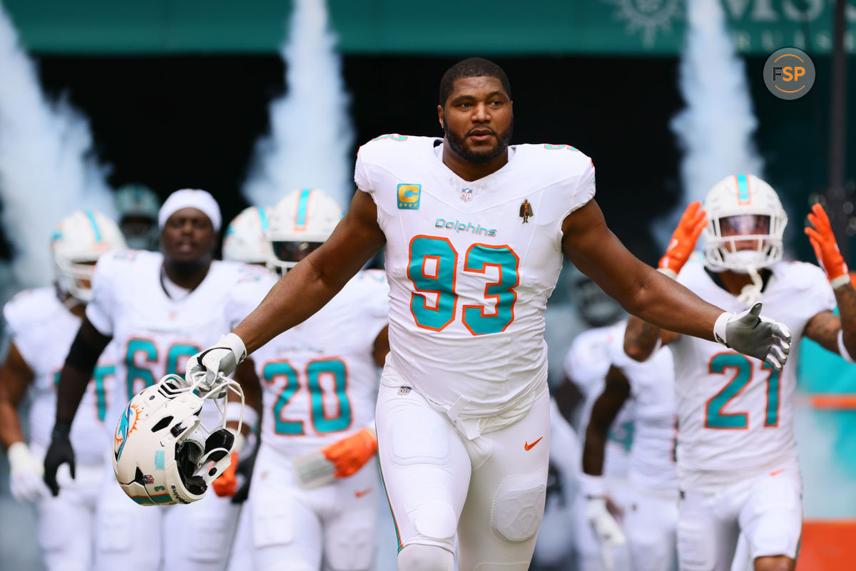 Oct 27, 2024; Miami Gardens, Florida, USA; Miami Dolphins defensive tackle Calais Campbell (93) enters the field before the game against the Arizona Cardinals at Hard Rock Stadium. Credit: Sam Navarro-Imagn Images