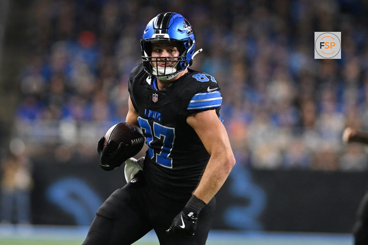 Sep 30, 2024; Detroit, Michigan, USA;  Detroit Lions tight end Sam LaPorta (87) runs upfield after catching a pass against the Seattle Seahawks in the second quarter at Ford Field. Credit: Lon Horwedel-Imagn Images
