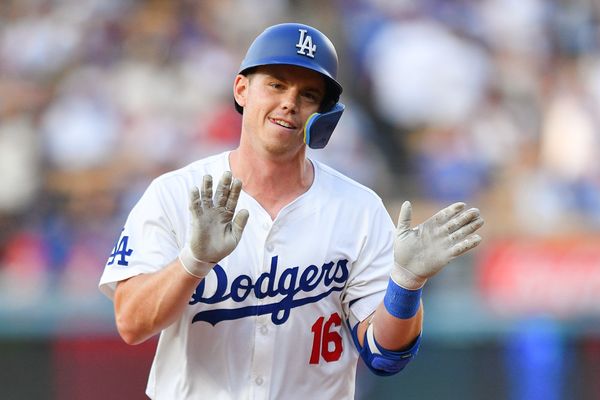 LOS ANGELES, CA - JULY 05: Los Angeles Dodgers catcher Will Smith (16) celebrates a first inning home run during the MLB game between the Milwaukee Brewers and the Los Angeles Dodgers on July 5, 2024 at Dodger Stadium in Los Angeles, CA. (Photo by Brian Rothmuller/Icon Sportswire)