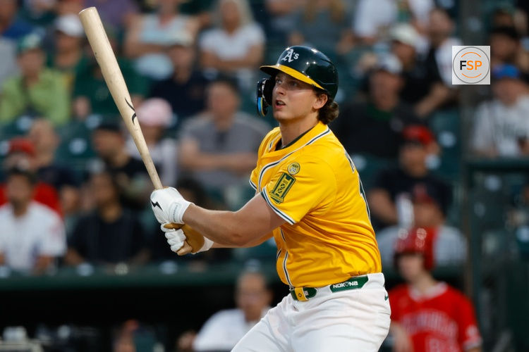 May 20, 2025; West Sacramento, California, USA; Athletics first baseman Nick Kurtz (16) hits a two run home run during the fourth inning against Los Angeles Angels pitcher Kyle Hendricks (28) (not pictured) at Sutter Health Park. Credit: Sergio Estrada-Imagn Images