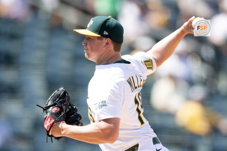 Jun 5, 2025; West Sacramento, California, USA; Athletics pitcher Mason Miller (19) delivers a pitch against the Minnesota Twins during the ninth inning at Sutter Health Park. Credit: D. Ross Cameron-Imagn Images
