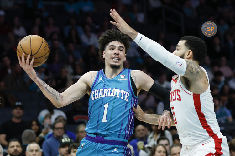 Jan 26, 2024; Charlotte, North Carolina, USA; Charlotte Hornets guard LaMelo Ball (1) moves against Houston Rockets guard Fred VanVleet (5) during the first quarter at Spectrum Center. Credit: Nell Redmond-USA TODAY Sports