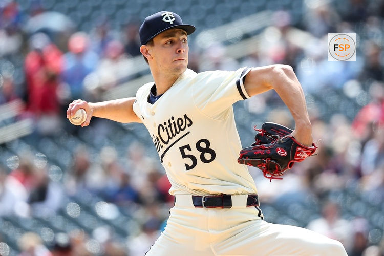Apr 16, 2025; Minneapolis, Minnesota, USA; Minnesota Twins starting pitcher David Festa (58) delivers a pitch against the New York Mets during the first inning at Target Field. Credit: Matt Krohn-Imagn Images
