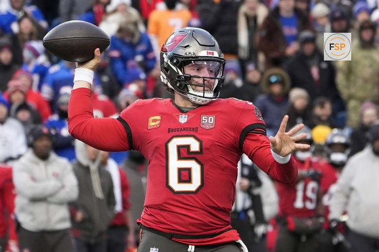 Nov 16, 2025; Orchard Park, New York, USA;  Tampa Bay Buccaneers quarterback Baker Mayfield (6) throws a pass against the Buffalo Bills during the second half of the game at Highmark Stadium. Credit: Gregory Fisher-Imagn Images