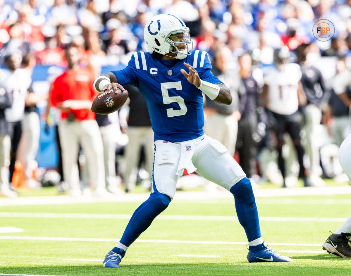 Sep 8, 2024; Indianapolis, Indiana, USA; Indianapolis Colts quarterback Anthony Richardson (5) throws a pass during the second half against the Houston Texans at Lucas Oil Stadium. Credit: Marc Lebryk-Imagn Images