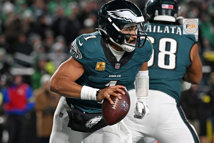 Nov 16, 2025; Philadelphia, Pennsylvania, USA; Philadelphia Eagles quarterback Jalen Hurts (1) looks for a receiver against the Detroit Lions at Lincoln Financial Field. Credit: Eric Hartline-Imagn Images