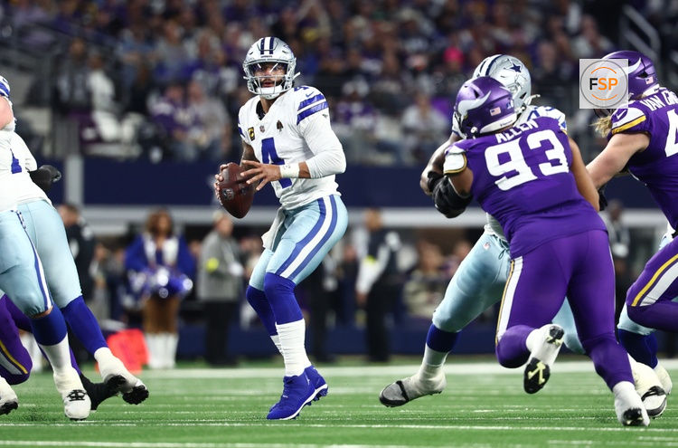 Dec 14, 2025; Arlington, Texas, USA; Dallas Cowboys quarterback Dak Prescott (4) drops to throw during the second half against the Minnesota Vikings at AT&T Stadium. Credit: Kevin Jairaj-Imagn Images