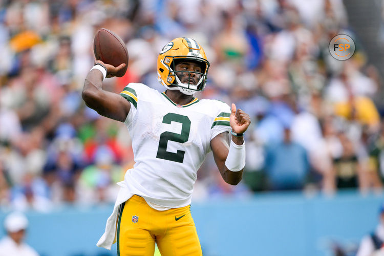 Sep 22, 2024; Nashville, Tennessee, USA;  Green Bay Packers quarterback Malik Willis (2) throws a pass against the Tennessee Titans during the first half at Nissan Stadium. Credit: Steve Roberts-Imagn Images