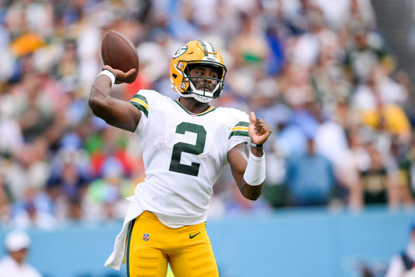 Sep 22, 2024; Nashville, Tennessee, USA;  Green Bay Packers quarterback Malik Willis (2) throws a pass against the Tennessee Titans during the first half at Nissan Stadium. Mandatory Credit: Steve Roberts-Imagn Images