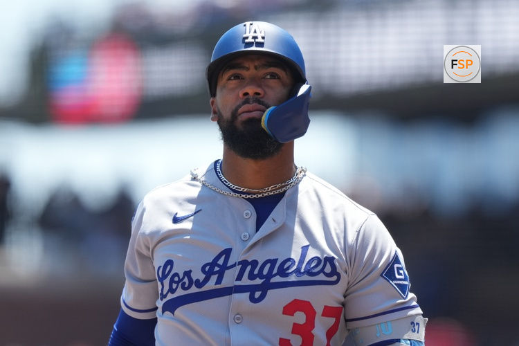 Jul 12, 2025; San Francisco, California, USA; Los Angeles Dodgers right fielder Teoscar Hernandez (37) during the first inning against the San Francisco Giants at Oracle Park. Credit: Darren Yamashita-Imagn Images
