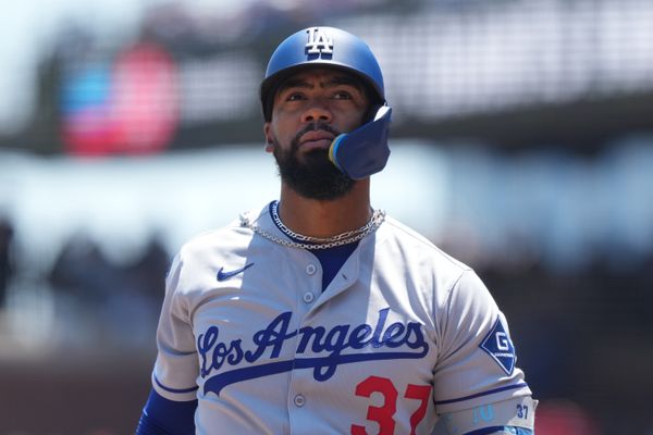 Jul 12, 2025; San Francisco, California, USA; Los Angeles Dodgers right fielder Teoscar Hernandez (37) during the first inning against the San Francisco Giants at Oracle Park. Mandatory Credit: Darren Yamashita-Imagn Images