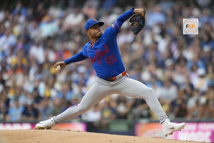 Jul 20, 2026; Milwaukee, Wisconsin, USA;  New York Mets pitcher Freddy Peralta (51) during the game against the Milwaukee Brewers at American Family Field. Credit: Jeff Hanisch-Imagn Images